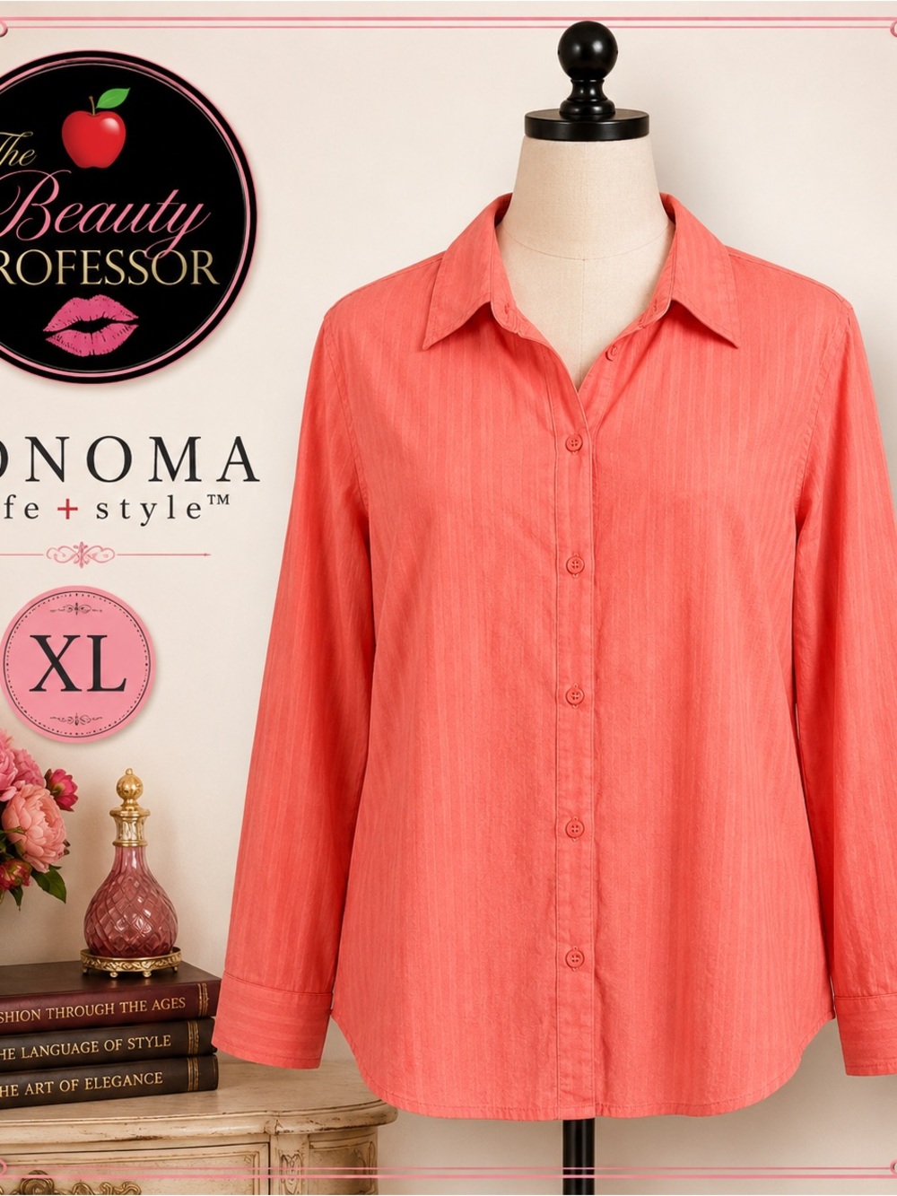 💞 SONOMA Life + Style XL Coral 100% Cotton Button Front Textured Blouse